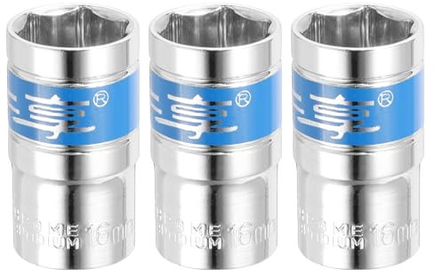 QUARKZMAN 3 Enchufe de Impacto de 1/2 y 6 Puntas, Métricos de 16 mm, Poco Profundo, Llave de Vaso Eléctrica de Vaso Poco Profundo para Reparación Mecánica de Automóviles, Plateado y Azul