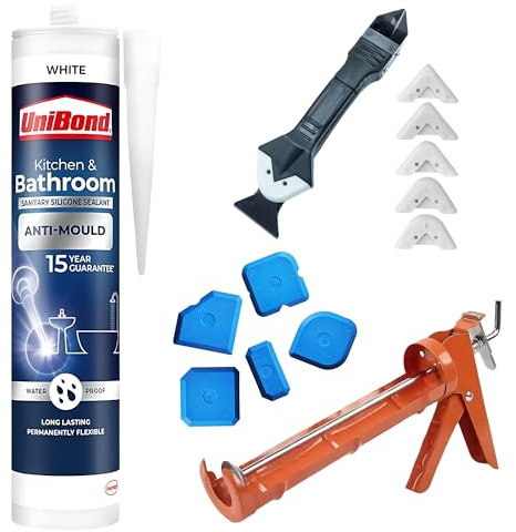 White Silicone Sealant Application Bundle With Unibond Kitchen & Bathroom Sealant, Caulking Gun, Silicone Remover Tool & Finishing Tool for Bathrooms & Kitchens