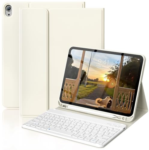 ZOPSGYU Custodia con tastiera per iPad Air 11 pollici M3 2025/M2 2024, Air 5a/4a generazione da 10,9 pollici con portapenne, cover Folio antiurto con tastiera Bluetooth staccabile magnetica, bianca