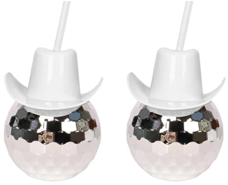 Uzztfa Discokugel-Becher Cowboyhut-Deckel Und Strohhalmen, 2 Glitzernde -partybecher, Originelle -Becher Für Junggesellinnenabschiede, Brautparty-Dekorationen