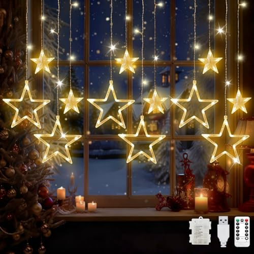 Lypumso Cortina de Luces Estrellas, 3.5M Luces de Navidad LED 8 Modos con Función Timer, 126LEDs Guirnalda Luminosa Batería/USB IP44, para Decoracion Navidad Interior Exterior, Ventana, Balcón, Fiesta
