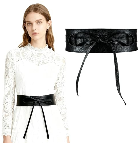 Snyvpra Taillengürtel Damen Schwarz Breit – Stretchgürtel aus PU, Breiter Gürtel Damen für Kleid, Elegant formender Taillengürtel mit Bindedesign