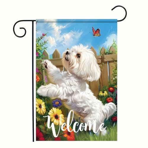 Drapeau De Jardin Fleurs De Bienvenue Chien Maltais Fleur Chien Drapeaus Décoratif Antifouling Garden Flag Premium Pride Flag Pour Home Pelouse Pavillon 30X45Cm