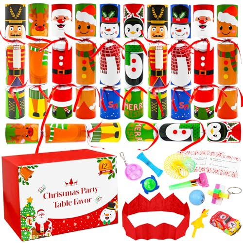 UMEELR 12-Pack Christmas Party Favors Set, No-Snap Christmas Cracker Poppers with Hats, Jokes & Gifts, Xmas Table Decor for Holiday Dinners Stocking Stuffers Festive Party Supplies