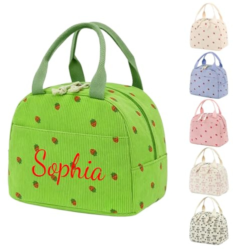 Personalised Embroidery Lunch Bag, Customizable Name Corduroy Lunch Box, 25.4x19x18cm, 9.5L, Double Zipper, for Women & Kids, Work School Picnic