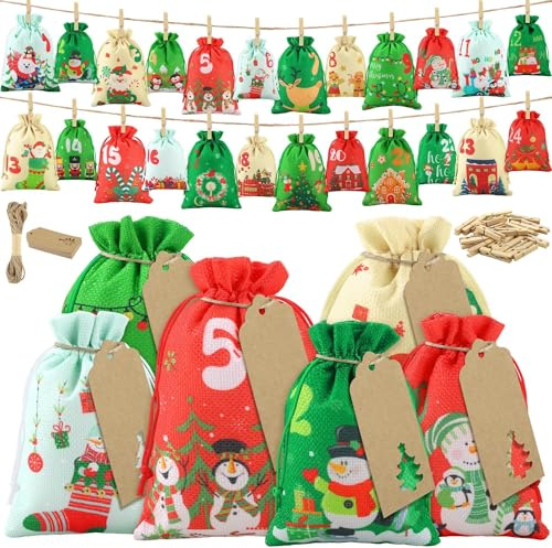 Fabric Reusable Advent Calendar Bags 24 Pack,DIY Fillable Advent Calendar Drawstring Gift Bag to Fill Yourself for Christmas Festival Party Decoration