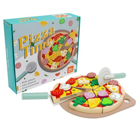 Interactive Pizza Play Set - Pretend Pizza Toys, 7.48 inches Wooden Food Kit, Educational Cooking Accessories with Colorful Pieces, Kids Role Play Kitchen Toys, Boys Girls Imaginative Fun