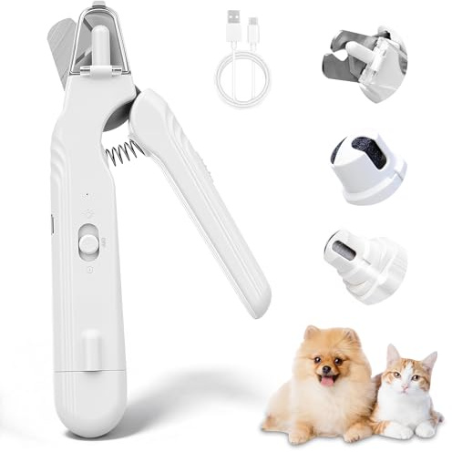 2-in-1 LED Krallenschere mit Licht – Sichere Pfotenpflege Ohne Angst, Krallenschneider mit Nagelfeile für Kleine & Mittlere Hunde und Katzen, Mit Sicherheitsschutz, Scharfe Klingen, Geräuscharm (Weiß)