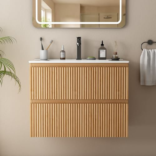 Wumagin Waschbecken mit Unterschrank 60 cm, Badmöbel Set mit Keramikwaschbecken, Wandhängender Waschtisch mit 2 Schubladen Rillendesign für Badezimmer, Natur