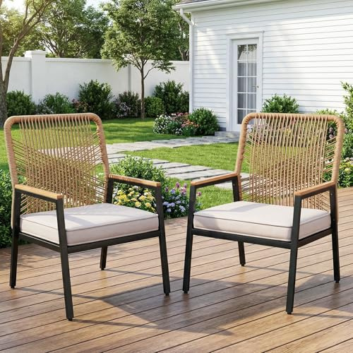 Clevich Gartenstuhl 2er Set, Gartensessel aus Korbgeflecht, Balkonstühle Metall und Rattan, mit 8 cm dicken Sitzkissen, Sturdy Metal Frame & WPC Armrest, für Terrasse, Garten und Veranda, Beige