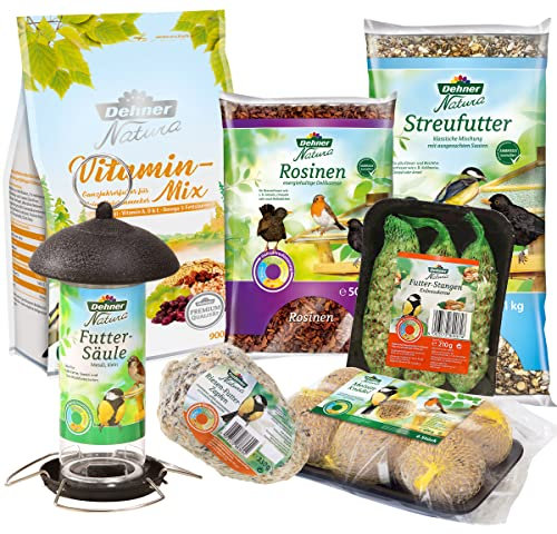 Dehner Natura Premium Wildvogelfutter, Starterset für Vogelfütterung, Ganzjahresfutter energiereich / kraftspendend, hochwertiges Vogelfutter-Set für Wildvögel, 7-teilig