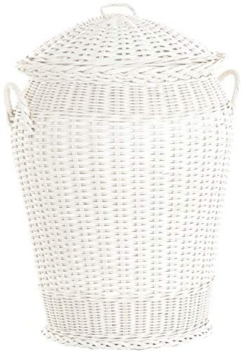 Wäschekorb/Wäschetonne rund aus echtem Rattan, Wäschesammler mit Deckel und Inlett (Weiß)