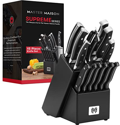 Master Maison 15-Piece Premium Kitchen Knife Block Set - Wooden Block German Stainless Steel Cutlery with Knife Sharpener & 8 Steak Knives - Stainless Steel Knife Set (Black)