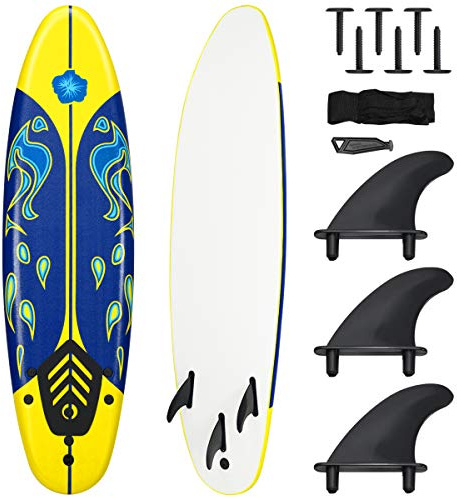 Giantex Surfboard, 6 Ft Stand Up Surfing Board w/ 3 Detachable Fins, Safety Leash, Non-Slip Lightweight Foam Surfboard for Kids, Teenager, Adults (Yellow)