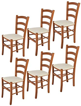 t m c s Tommychairs - Set 6 sillas Venice para Cocina y Comedor, Estructura en Madera de Haya Color Cerezo y Asiento tapizado en Tejido Color Marfil