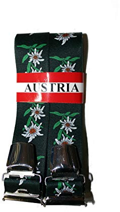 Generisch EDELWEISS Hosenträger aus ÖSTERREICH - AUSTRIA - WIEN - - im EDELWEISS-Design - 35mm Breit in H-Form mit 4 extra starken Clips UNI / Edelweiß schwarz P-011