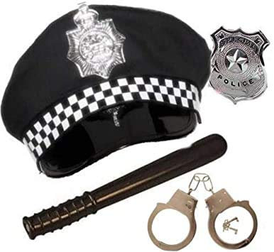RARA® Polizistenkostüm-Set für Erwachsene, Handschellen, Abzeichen, Schlagstock aus Kunststoff, Panda-Hut, Polizisten-Uniform, Zubehör für Herren und Damen