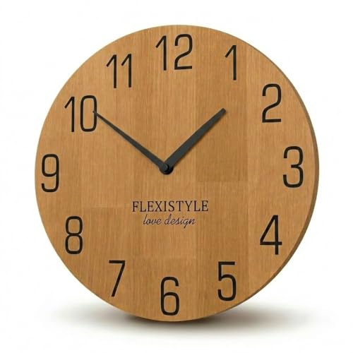 FLEXISTYLE Wanduhr Natur 30cm Durchmesser holzoptik 100% Eiche, Holz modern, Wohnzimmer, ohne tickgeräusche …