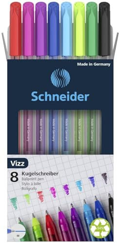 Schneider 102298 Vizz Bolígrafos para escritura fácil y rápida, tubo del mismo color que la tinta, grosor de trazo M, 8 unidades, colores surtidos