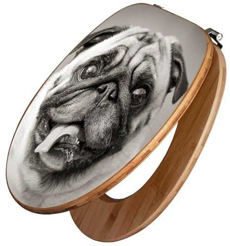 banjado Design WC Sitz Bambus 45x37,5cm - Toilettendeckel - Toilettensitz Bambus - hochwertiger Klodeckel - WC-Sitz Universal für alle gängigen Toiletten - Motiv Mops Porträt