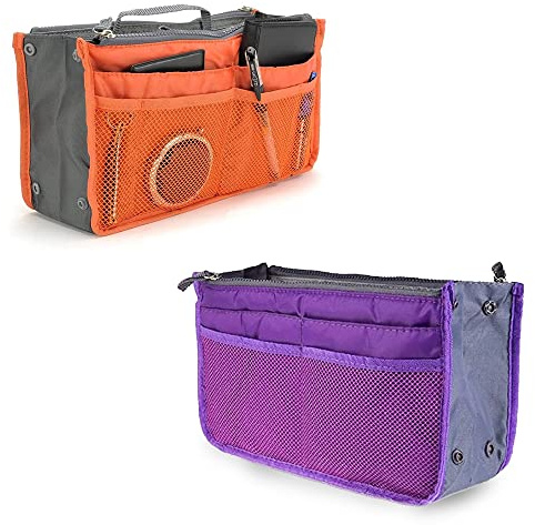 CaiYuanGJ 2 Stück Reise Organizer Tasche, Kosmetik Organizer Taschen Damen, Multifunktions Handtaschen Organizers, Make up Tasche, 13 Taschen, für Reise Make Up (Lila und Orange)