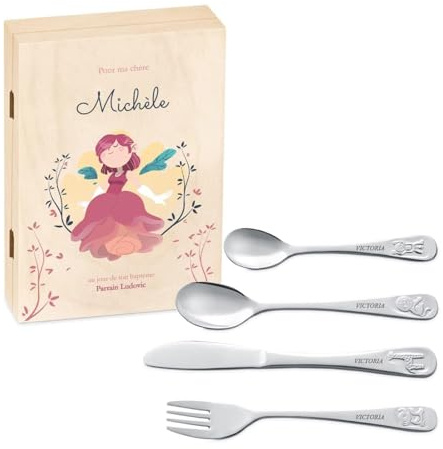 Maverton Set de couverts de table personnalisé dans boîte en bois imprimée - couvert bebe - Thème Animal - Cadeau bapteme fille - Pour filles - Cadeau bébé - Coutellerie gravée - princesse