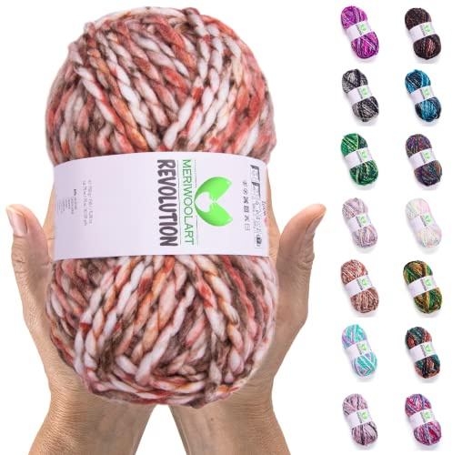 MeriWoolArt Merino Wolle zum Stricken – 75 m Mehrfarbige Dicke Weiche Merinowolle zum Stricken für Pullover Jacken – XXL Handstrickwolle – Voluminöse DIY Wolle für Schals Decken Tücher Geschenke