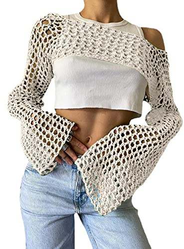 Bnigung Top Corto da Donna in Maglia all'Uncinetto, Coprispalle Sexy Y2k Scava Fuori Maglione Lavorato a Maglia ritagliato Vedere Attraverso Bikini Copricostume, Beige, S