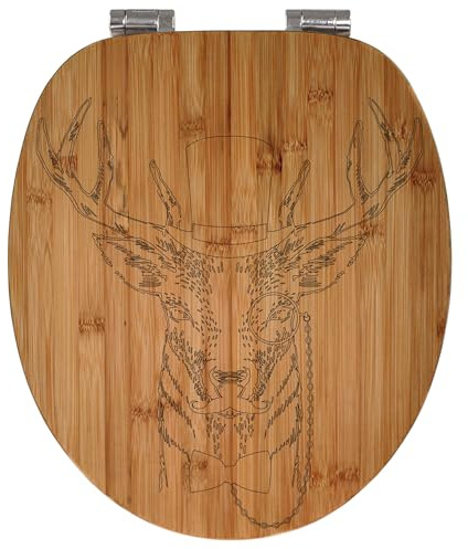 banjado® Hochwertig gravierter Design WC Sitz Bambus Absenkautomatik Direktor Hirsch/Toilettendeckel mit Absenkautomatik Holz/Bambus Klodeckel/WC-Sitz für alle gängigen Toiletten