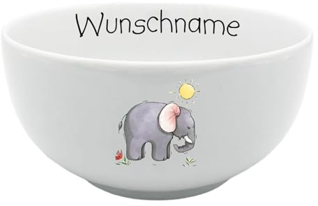 Doriantrade Müslischale Kinder Porridge Schale Porzellan Elefant personalisierbar mit Wunschname Name Kindergeschirr mit Namen personalisiert