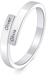 MeMeDIY Anillo Espiral Abierto Personalizado Nombres Grabados Acero Inoxidable Chapado en Oro Anillo de Promesa de Amistad Regalo para Mujer Hermana Novia (Plata, Talla 15)