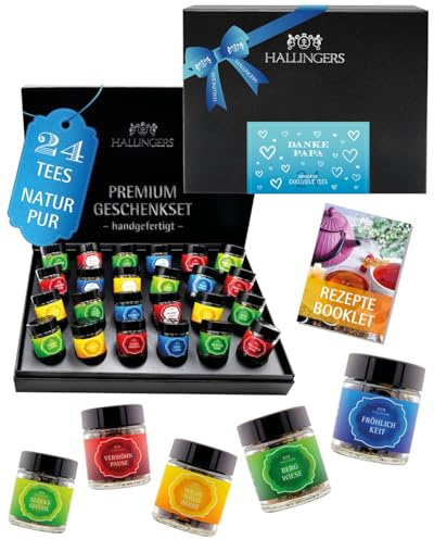 Hallingers Genuss Manufaktur Tee Vatertagsgeschenk-Set - 24 Sorten premium loser Tee Probierset in edler Geschenkbox mit Rezept-Booklet Danke Papa, Geschenkidee für Papa Opa
