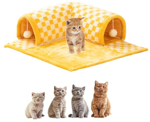 Cat Tunnel Bed, Katzentunnel und Bett, 2-in-1-Katzentunnel Mit Lustigem Plüsch-Karomuster, Katzentunnelbett mit Zentraler Matte, mit Flauschigem Spielzeugball für Hauskatzen