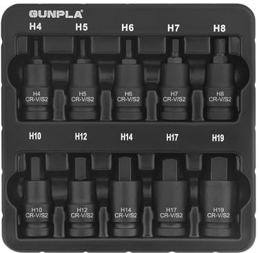 Gunpla 10 st 1/2 tum Hex Impact Socket Bits set, hållbara insex-påverkade grunt kromvanadin S2 stålfosfat färdig drivenhet sexkantiga uttag metrisk 4 mm-19 mm verktygsbit med förvaringsbricka