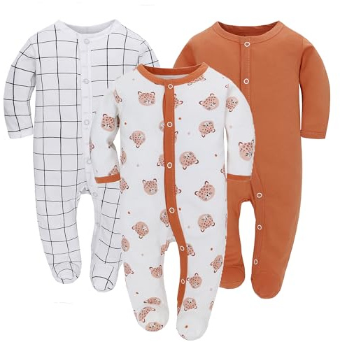 3 st baby sovsparkdräkter baby chlababysovsäck bomull med fötter med knappar stl. 56 62 68 för pojkar, flickor, nyfödd, apelsin, 68