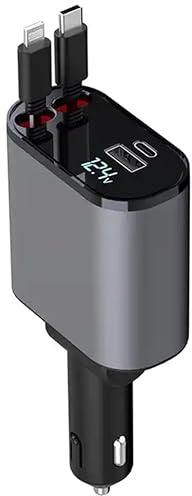 Cargador de teléfono retráctil – Cargador rápido de coche USB C – Cargador de teléfono retráctil 4 en 1 Cargador retráctil para coche – Cargador retráctil para Apple y Android USB C – Gadgets de