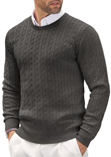 COOFANDY Men's Sweater Winter Crew Neck Slim Fit Knitted Sweater Warm Fine Knit Pullover Sweater for Men Dark Grey L