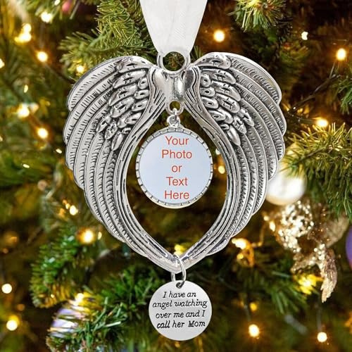 LYPER Weihnachtsgedenkschmuck, Beileidsgeschenk mit Fotorahmen, Ich habe einen Engel, der über mich wacht, Engelsflügel-Weihnachtsbaum-Hängeanhänger für den Verlust eines geliebten Menschen (Mutter)