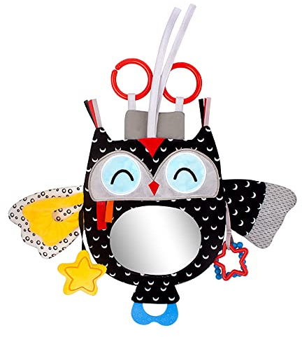 caterbee Baby activity hanging toy with In-Sight Car Mirror for car seat, stroller, crib, High contrast black and white baby toys for newborn Tummy time (Owl)