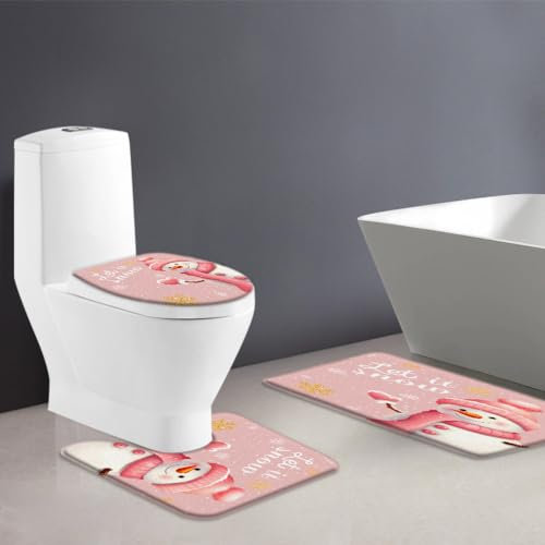 Badteppich-Set 3-Teilig Weihnachten Rosa Niedlich Schneemann Schneeflocke Xmas Ball Weiß Bauernhaus Winter Badezimmer Vorleger 3-Teiliges rutschfeste Wc Vorleger Set 3 Teilig Badezimmer-Garnitur