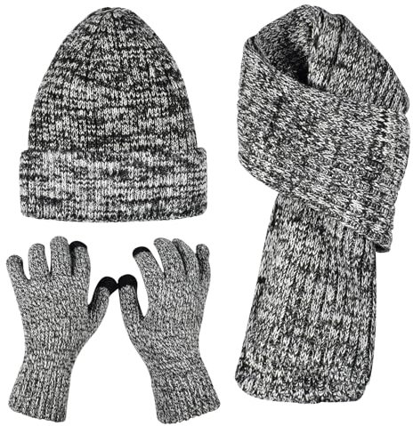 Qooloo Schal Mütze und Touchscreen Handschuhe Set Für Herren Damen, 3-teilig Strickmütze Schal Handschuhe, Winter 3 In 1 Mütze Schal Handschuh für kaltes Wetter