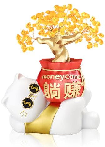 Haohai Glückskatze Statue Set, Feng Shui Glückskatze Figur, Glücksbringer für Heimdekoration, Chinesischer Kristall-Bonsai-Baum, Büro-Schreibtisch-Ornament, Geldbaum-Dekoration (Geld kommt)