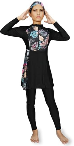 Ganzkörper Burkini mit floralem Design und Rock (Schwarz geblümt, 3XL=44)