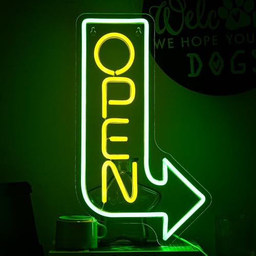 LMSIGNLY Offenes Neonschild Pfeil Neonlicht Gelber Buchstabe LED Neonlicht Dimmbar Offenes LED Schild für Business USB Powered Pfeil Offene Neonlichter für Party Bar Salon Shop