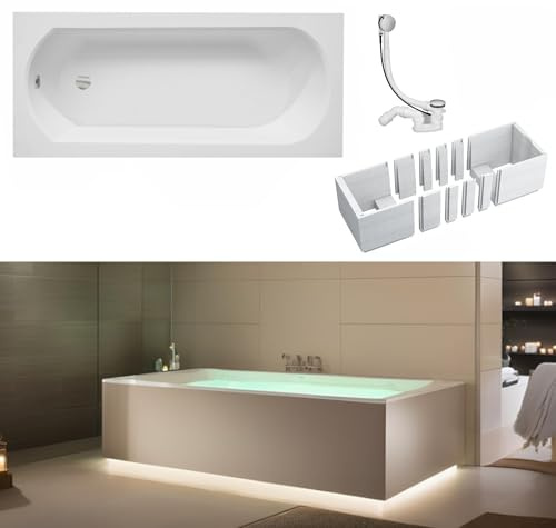 VBChome Badewanne 150 x 75 cm Weiß Acryl Wannenträger Platz für LED-Beleuchtung Styroporträger Siphon Wanne Rechteck Design Modern Ablaufgarnitur in Chrom