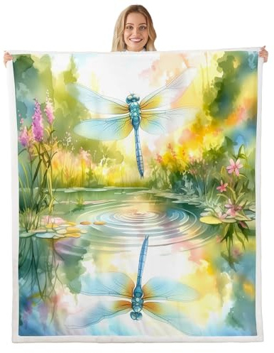 Dragonfly Flannel Blanket,Watercolor Summer Pond Fleece Throw Blanket for Bedroom Decor,Botanical Flowers Leaves Fleece Throw Blanket,Farmhouse Style Bed Blanket for Bed Sofa Couch,40x50