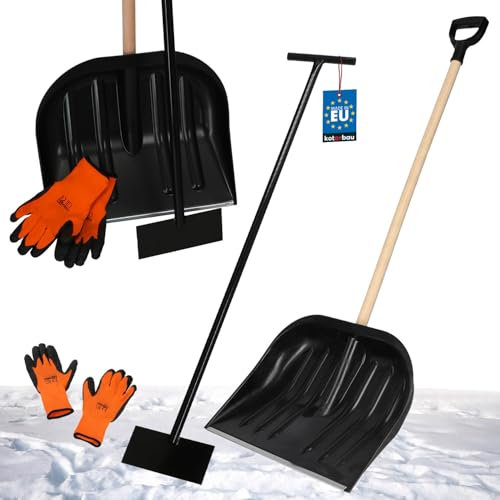 KOTARBAU® Set Schneeschaufel mit Holzstiel 142,5 cm Eisschaber 119 x 20 cm + Handschuhe warm Schneeschieber Schneeräumer Schneeschaufel Auto Stoßscharre mit Stiel Schaufel mit Stiel