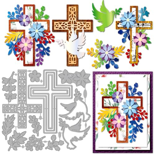MAYJOYDIY Osterblumenkreuz Stanzformen Zum Basteln von Karten Tauben Olivenblatt Metall Stanzformen Religiöser Kreuzrahmen Präge Und Schneideschablone Für Scrapbooking Bastelpapier Osterkarten