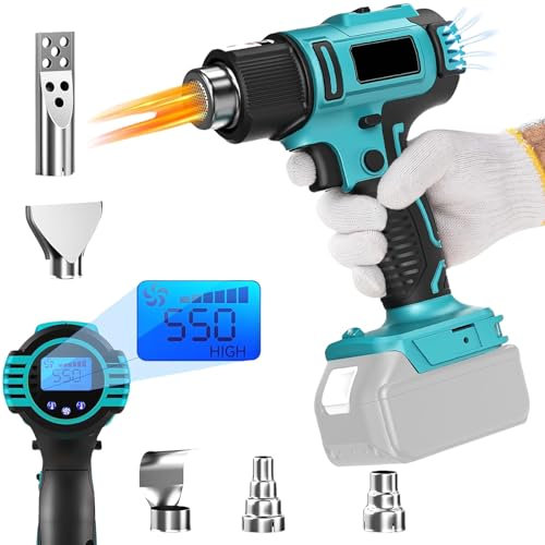Akku Heißluftpistole für Makita 18V, Einstellbar Heißluftgebläse 50-550℃ Tragbar Heißluftpistole mit 5 Düsen, LCD-Display Heißluftfön für DIY Schweißen, Rohrbiegen, Farbentfernung (ohne Akku)
