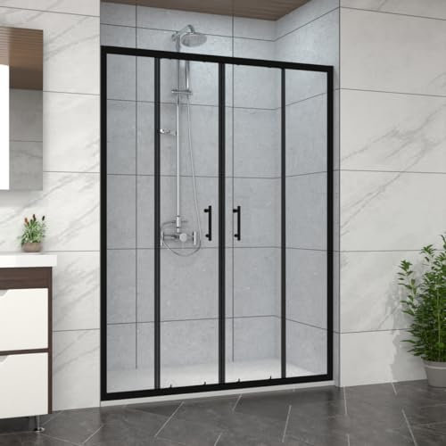 NRG 1500mm Bathroom Shower Enclosures Double Sliding Shower Door Matte Black Framed with 1500x800mm SMC Rectangle White Shower Tray